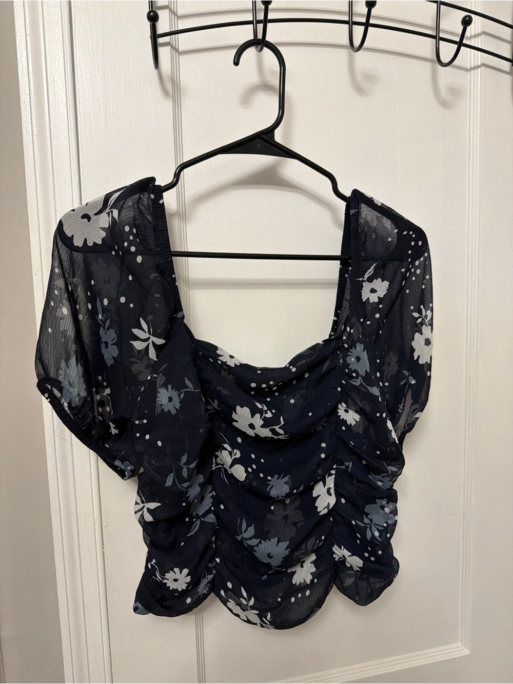 Express Navy Blue Floral Ruched Square Neck Blouse Size M